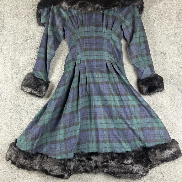 Collectif Vintage Pearl Blackwatch Check Coat Faux Fur Trim Plaid Green XXS NEW - Picture 2 of 6
